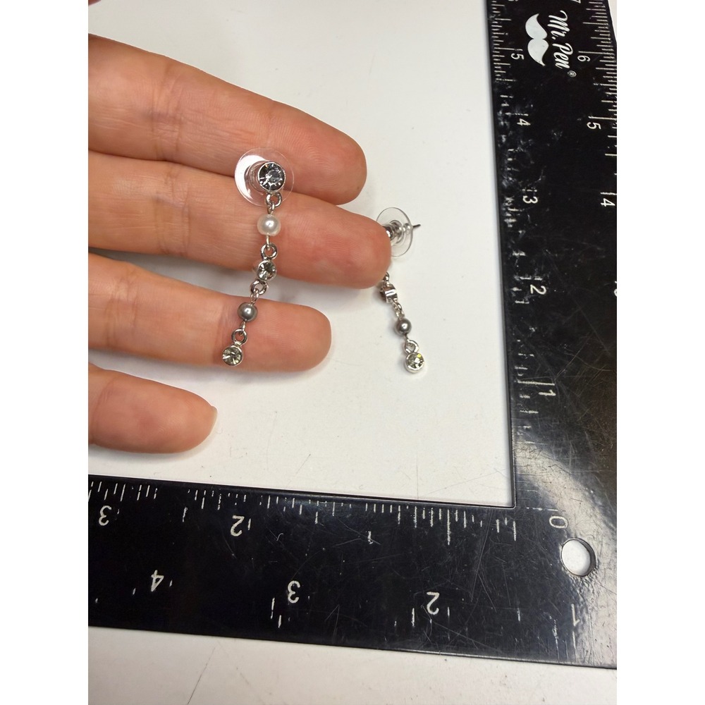 Silver Tone Faux Pearl and Rhinestone Linear Drop Dangle Post Earrings